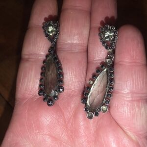 Avon Earrings vintage clip on antique Black Rhinestone Teardrop Dangle Drop